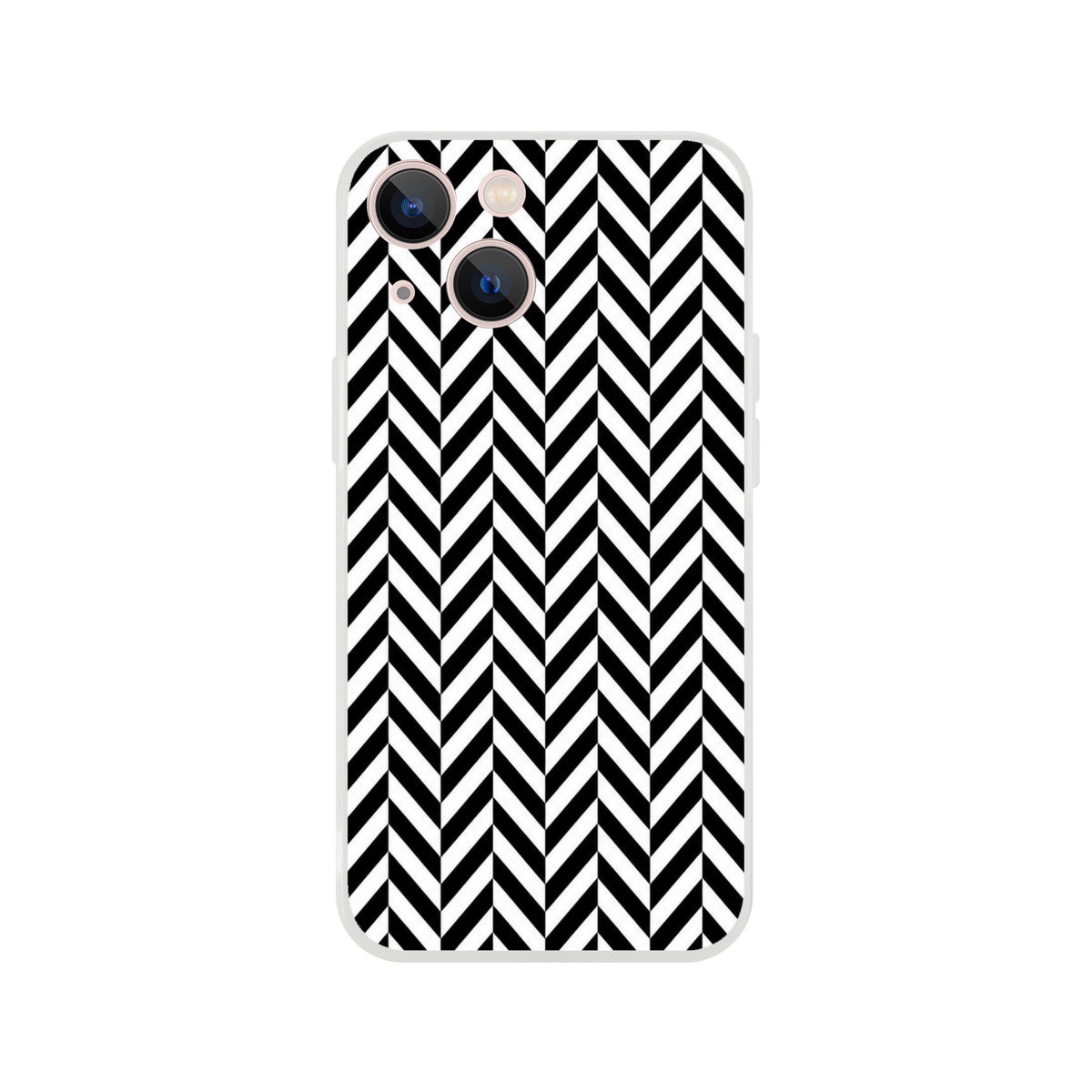 Black and white herringbone iPhone case with geometric chevron pattern, featuring matte finish and shock-absorbing TPU protection.