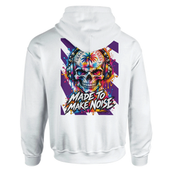 White hoodie back print featuring a colorful skull wearing headphones, retro palm tree graphic, and "Made To Make Noise" text on purple geometric background.
