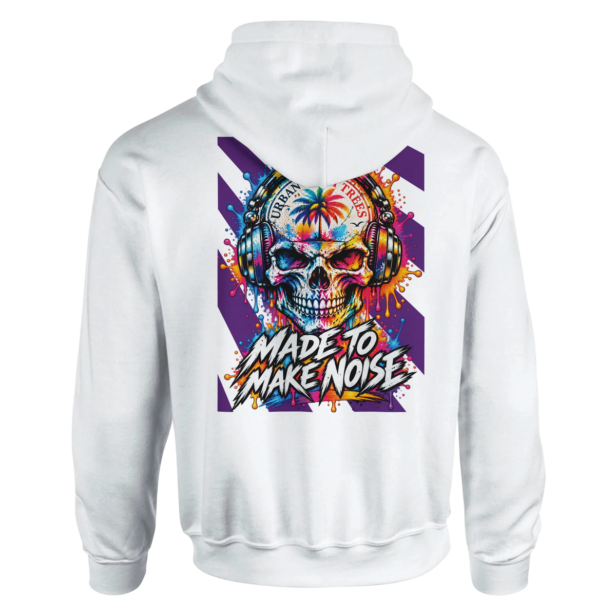 White hoodie back print featuring a colorful skull wearing headphones, retro palm tree graphic, and "Made To Make Noise" text on purple geometric background.