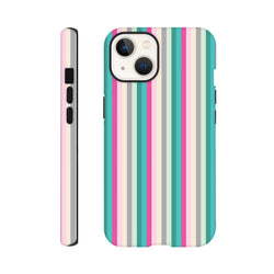 Retro pink and aqua vertical striped tough iPhone case with vintage aesthetic and protective design for iPhone 13-16.