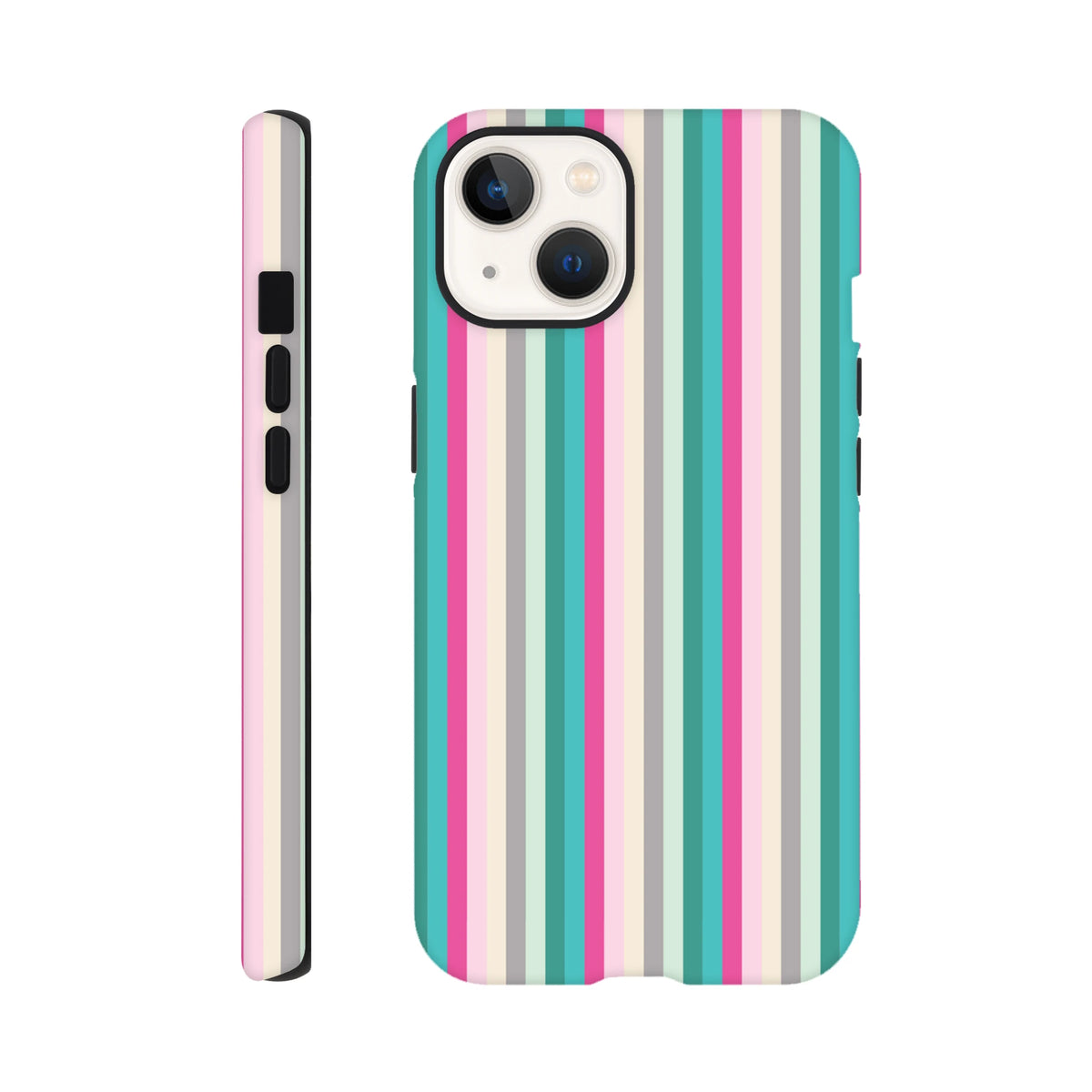 Retro pink and aqua vertical striped tough iPhone case with vintage aesthetic and protective design for iPhone 13-16.