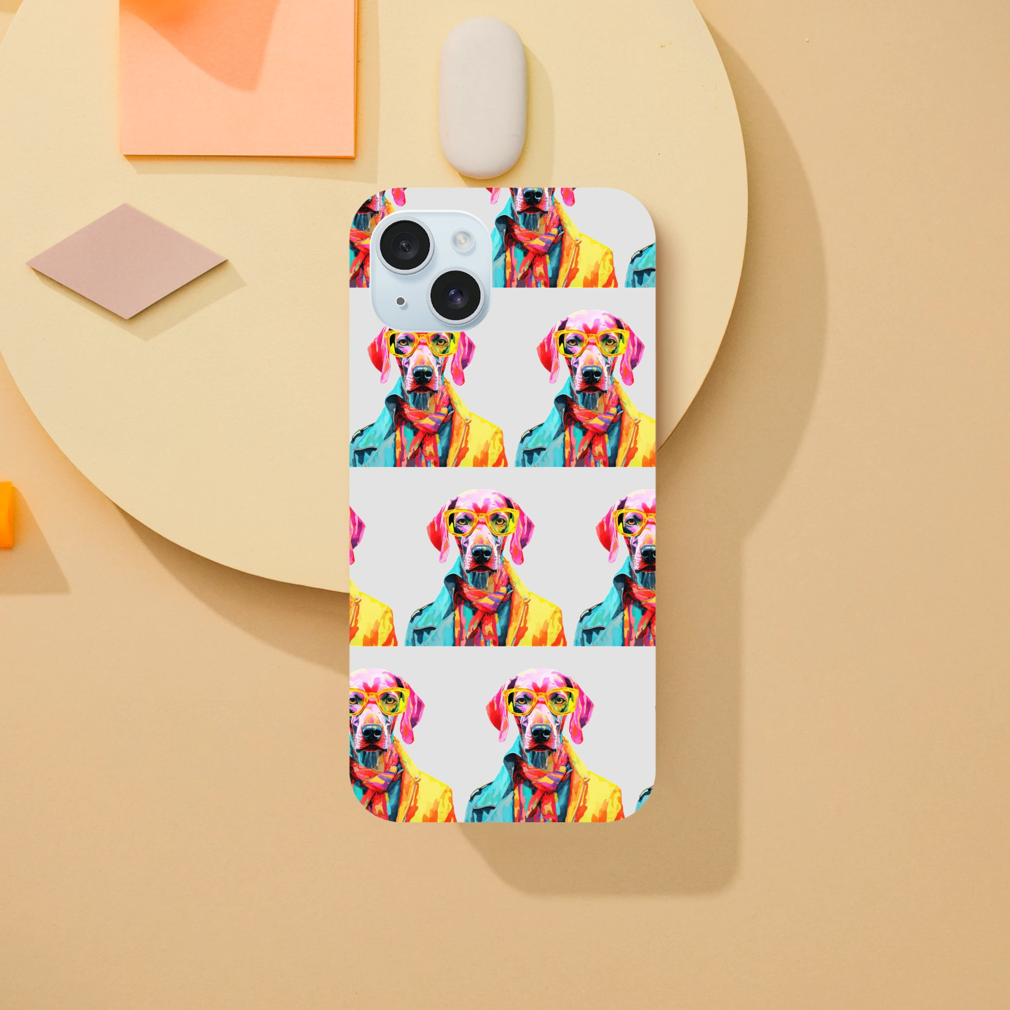 Gent Dog tough protective case for iPhone 16/15/14/13 featuring a wraparound, glossy neon dog collage with sunglasses.