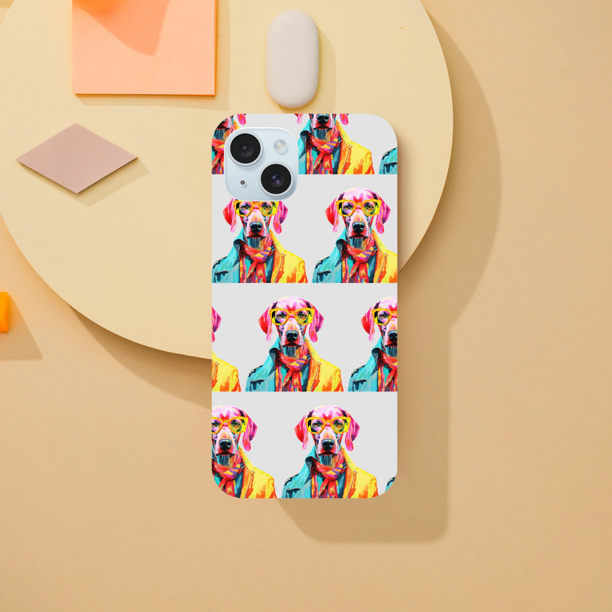 Gent Dog tough protective case for iPhone 16/15/14/13 featuring a wraparound, glossy neon dog collage with sunglasses.