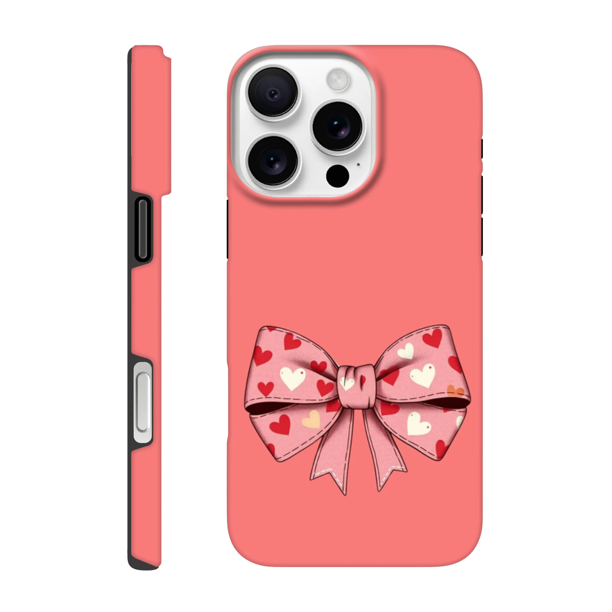 Pink hard phone case featuring a large bow pattern filled with multi-colored hearts for a trendy coquette aesthetic.