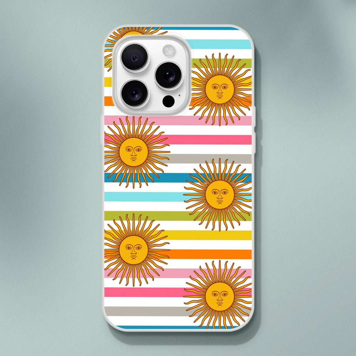 Retro rainbow sun boho iPhone case for 13-16 with a matte finish, colorful stripes and sun motifs.