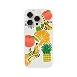 Clear iPhone case featuring a vibrant tropical fruit sticker design with bananas, oranges, pineapples, and peaches.
