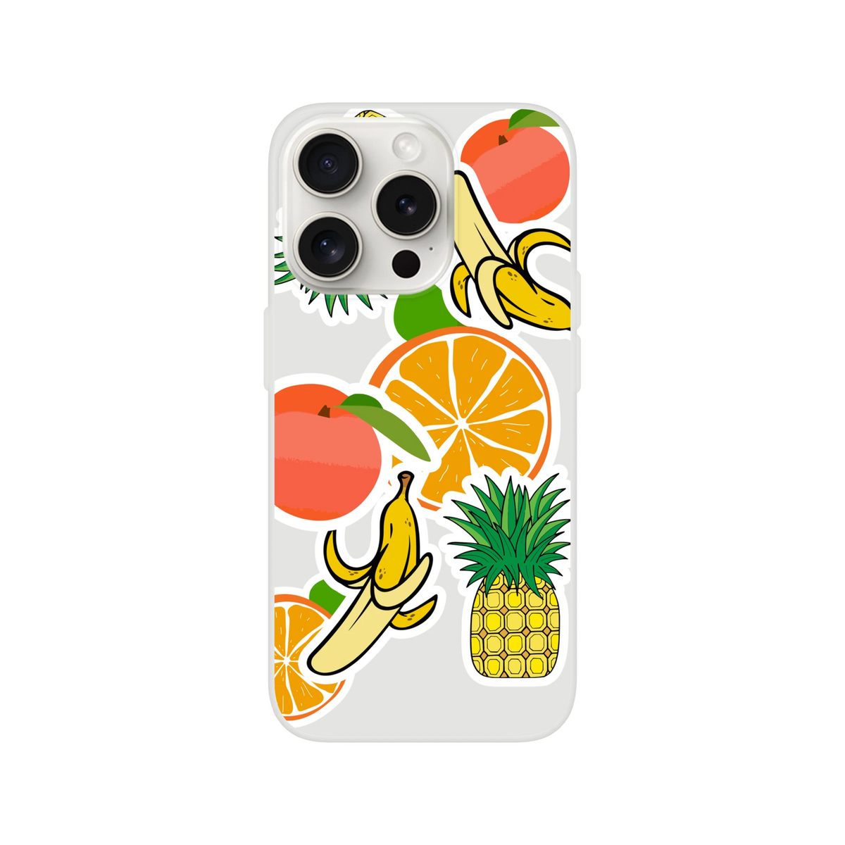 Clear iPhone case featuring a vibrant tropical fruit sticker design with bananas, oranges, pineapples, and peaches.