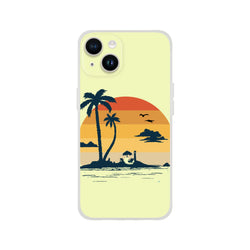 Retro Beach iPhone Case (13-16) with palm tree sunset design on sunny yellow background.