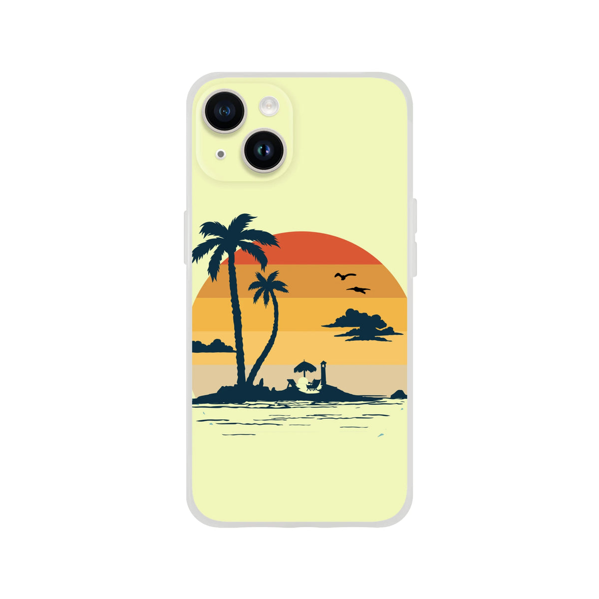 Retro Beach iPhone Case (13-16) with palm tree sunset design on sunny yellow background.