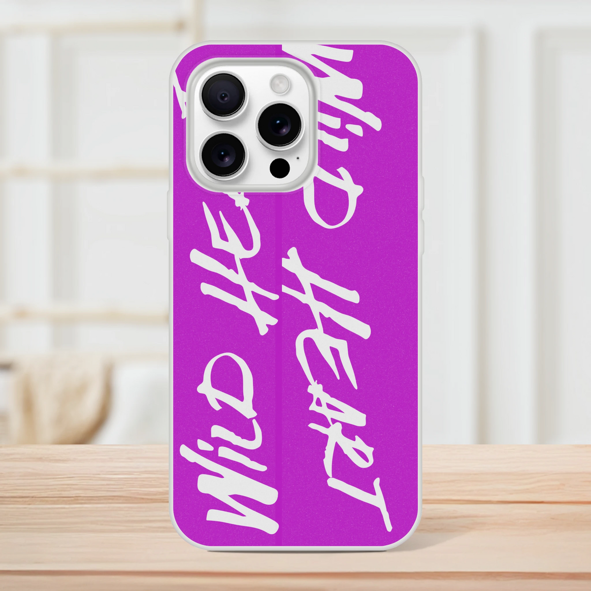 Cute Wild Heart iPhone Case for 13-16 with purple background and white abstract design.
