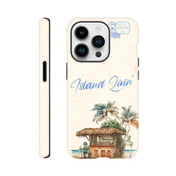 Island Beach Bar Tough iPhone Case (13-16) Holiday Phone Cover with tropical island scene and palm trees.