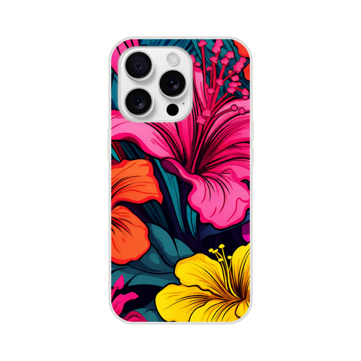 Colourful tropical hibiscus iPhone case (13-16) floral phone cover with a slim silhouette and a smooth matte finish.