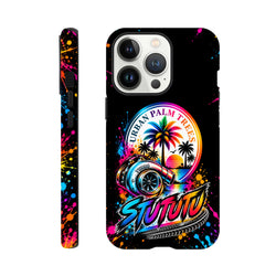 Vibrant iPhone case featuring a colorful turbocharger, rainbow palm trees, and urban splatter art for modified car culture.