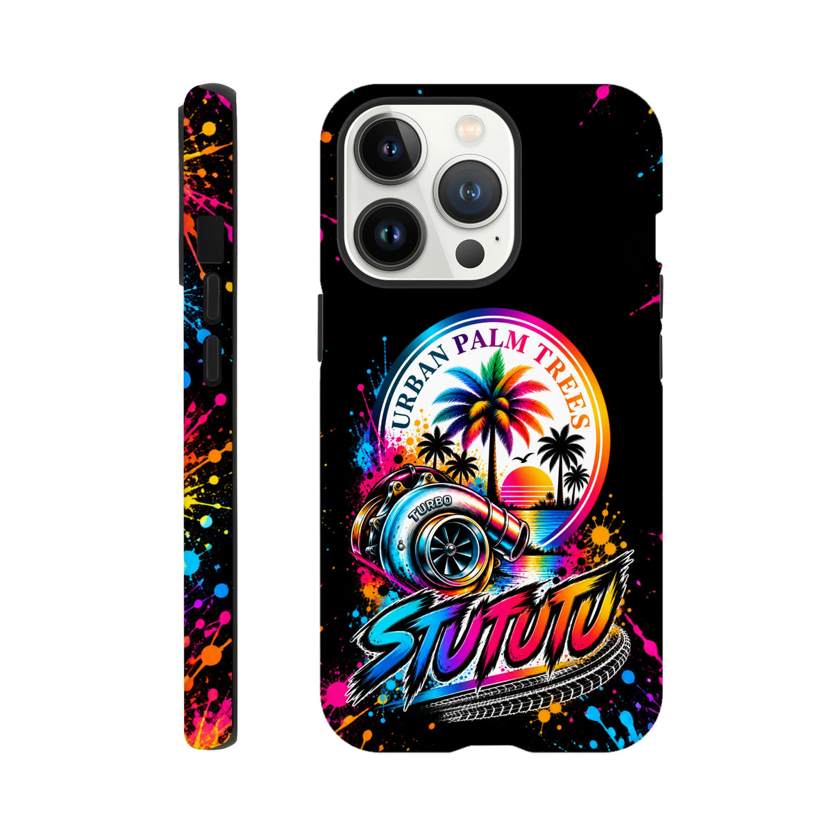 Vibrant iPhone case featuring a colorful turbocharger, rainbow palm trees, and urban splatter art for modified car culture.