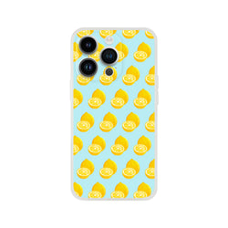 Pastel blue iPhone case featuring a bright yellow lemon pattern. Shock-absorbing TPU summer fruit phone cover for iPhone 13-16.