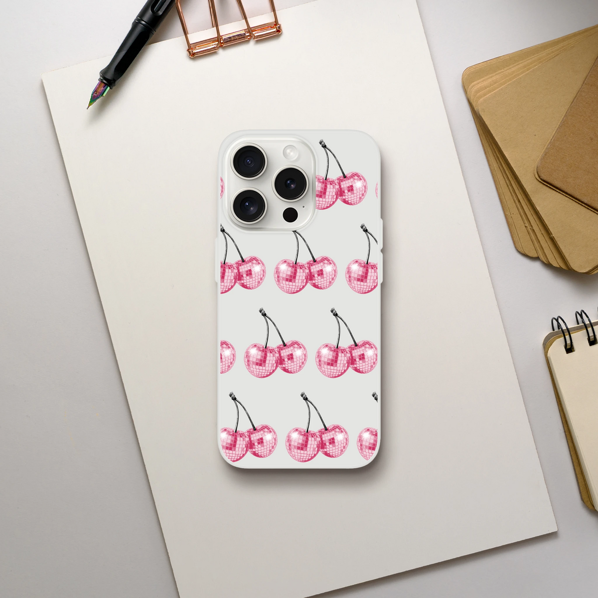 Transparent slim protective iPhone case with pink glittery cherry pattern for iPhone 13–16