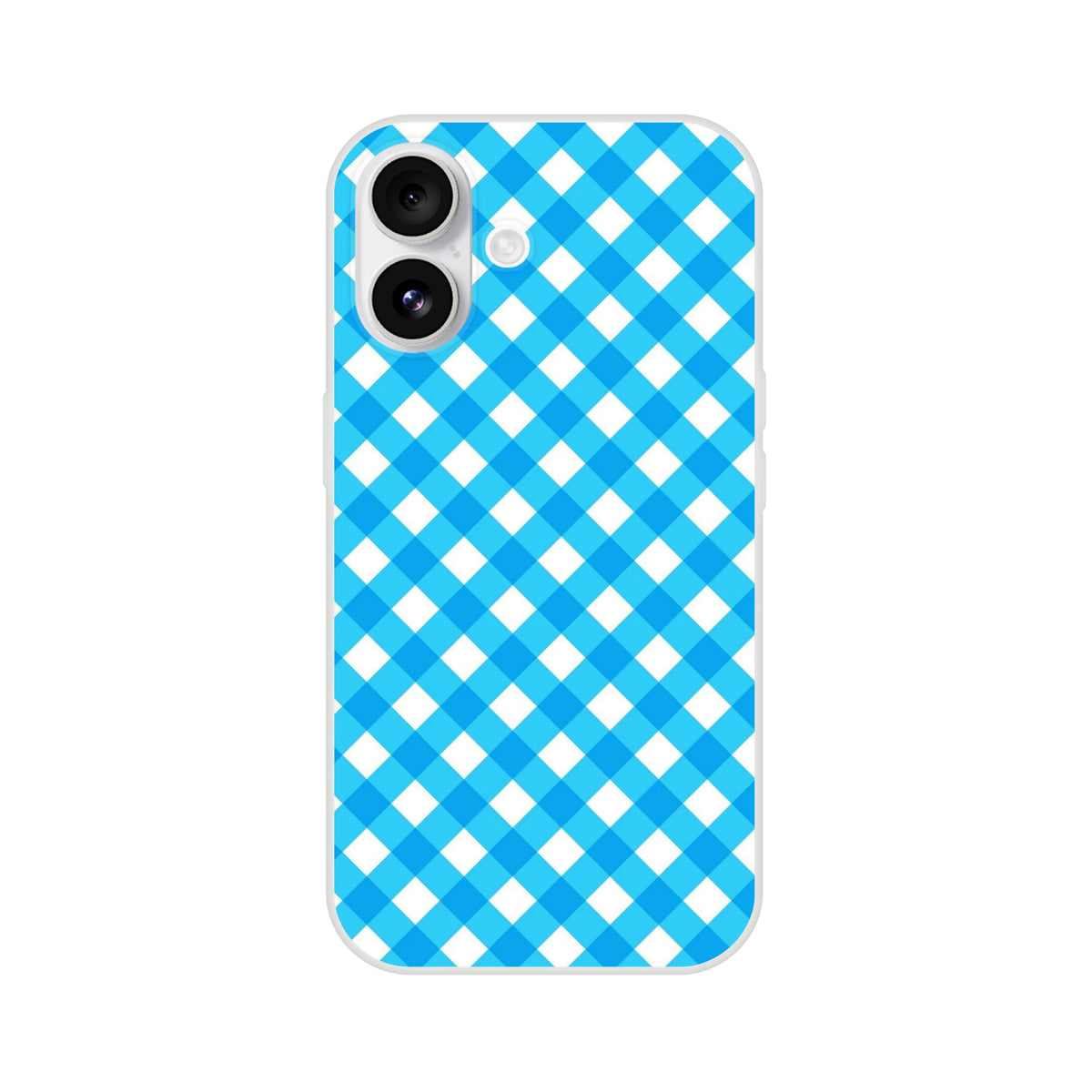 Blue gingham iPhone case (13-16) featuring a white checkered pattern and preppy aesthetic.