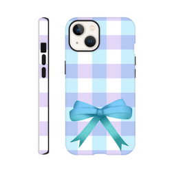 Blue gingham iPhone case with a large teal bow, featuring pastel purple and light blue checks for a cute coquette streetwear aesthetic.