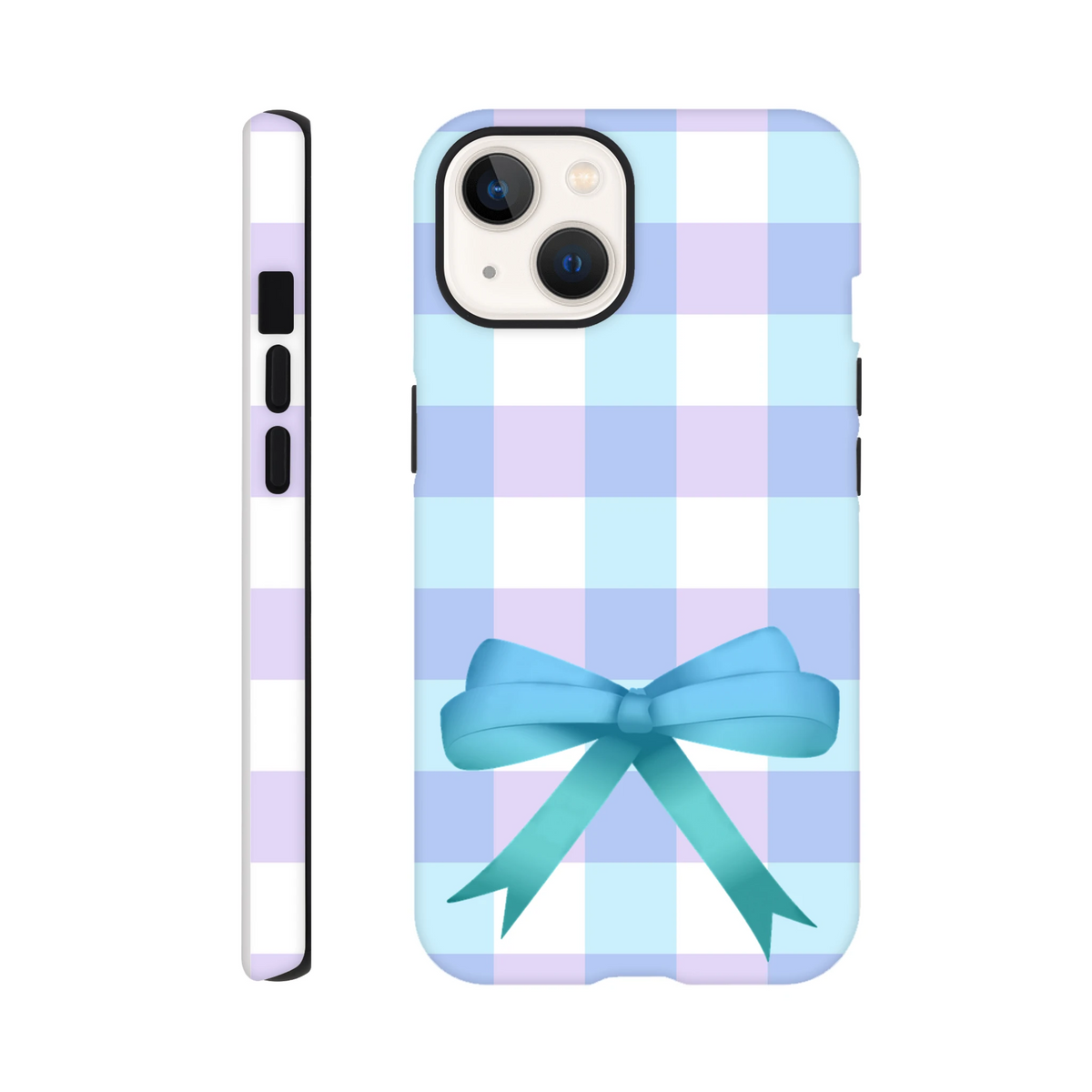Blue gingham iPhone case with a large teal bow, featuring pastel purple and light blue checks for a cute coquette streetwear aesthetic.