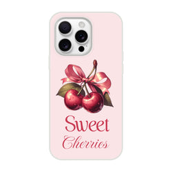 Cherries illustration on pink iPhone case, slim protective cover with Sweet Cherries script for iPhone 16/15/14/13