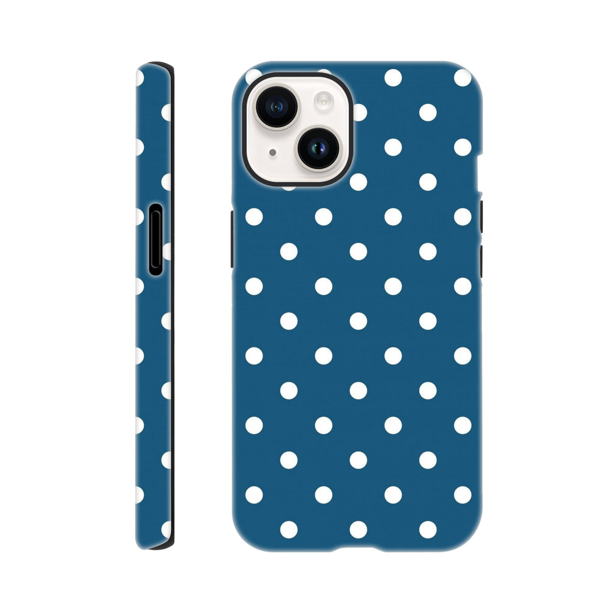 Navy blue iPhone case with white polka dots featuring a tough, shock-absorbing dual-layer shell and glossy wraparound design for secure protection.
