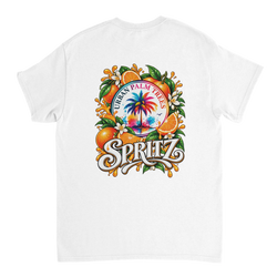 Back of white t-shirt featuring retro orange spritz graphic with palm trees, oranges, and vintage typography.