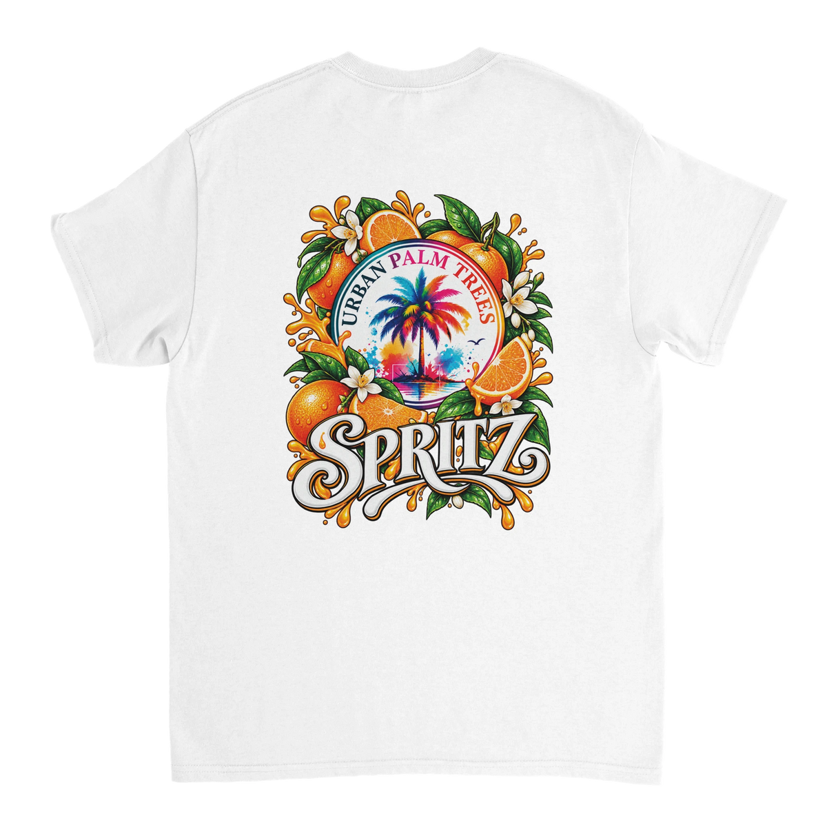 Back of white t-shirt featuring retro orange spritz graphic with palm trees, oranges, and vintage typography.