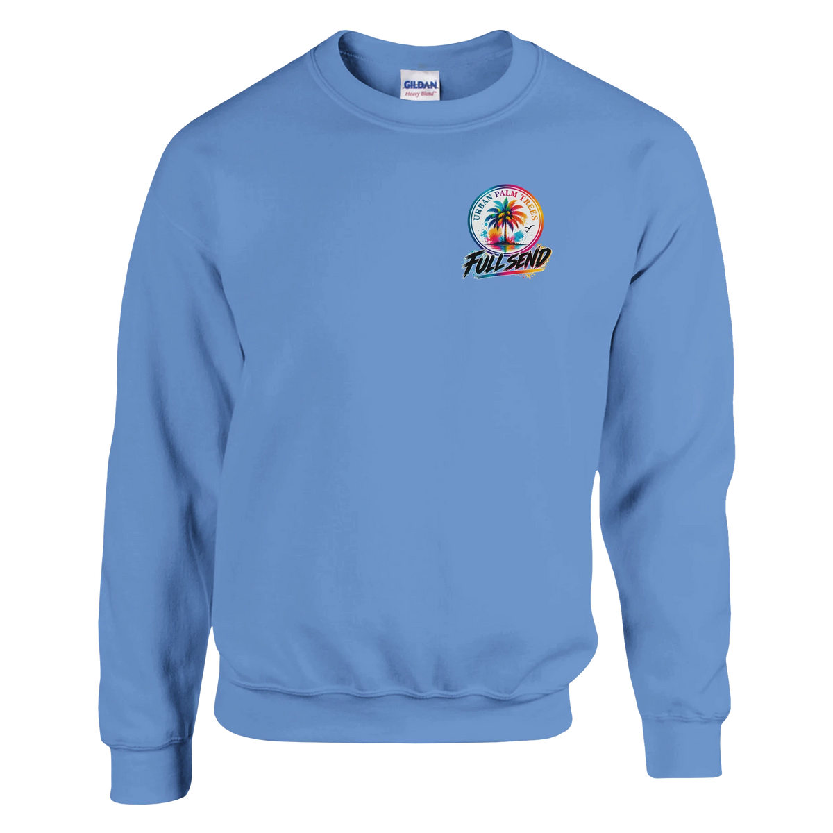 Blue sweatshirt featuring a colorful Urban Palm Trees circle logo with "Full Send" text on the chest.