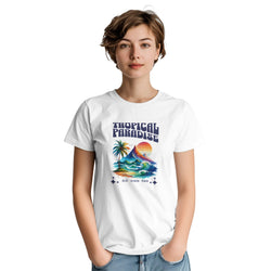 White Tropical Paradise women's graphic tee with palm trees, sun and waves; soft cotton blend.
