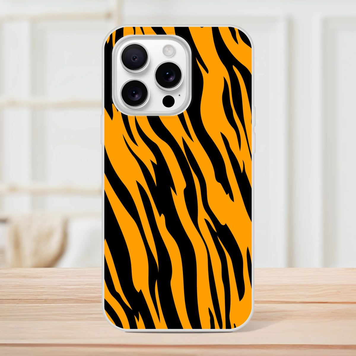 Orange & black tiger print iPhone case for iPhone 13–16, slim matte shell with vibrant design.