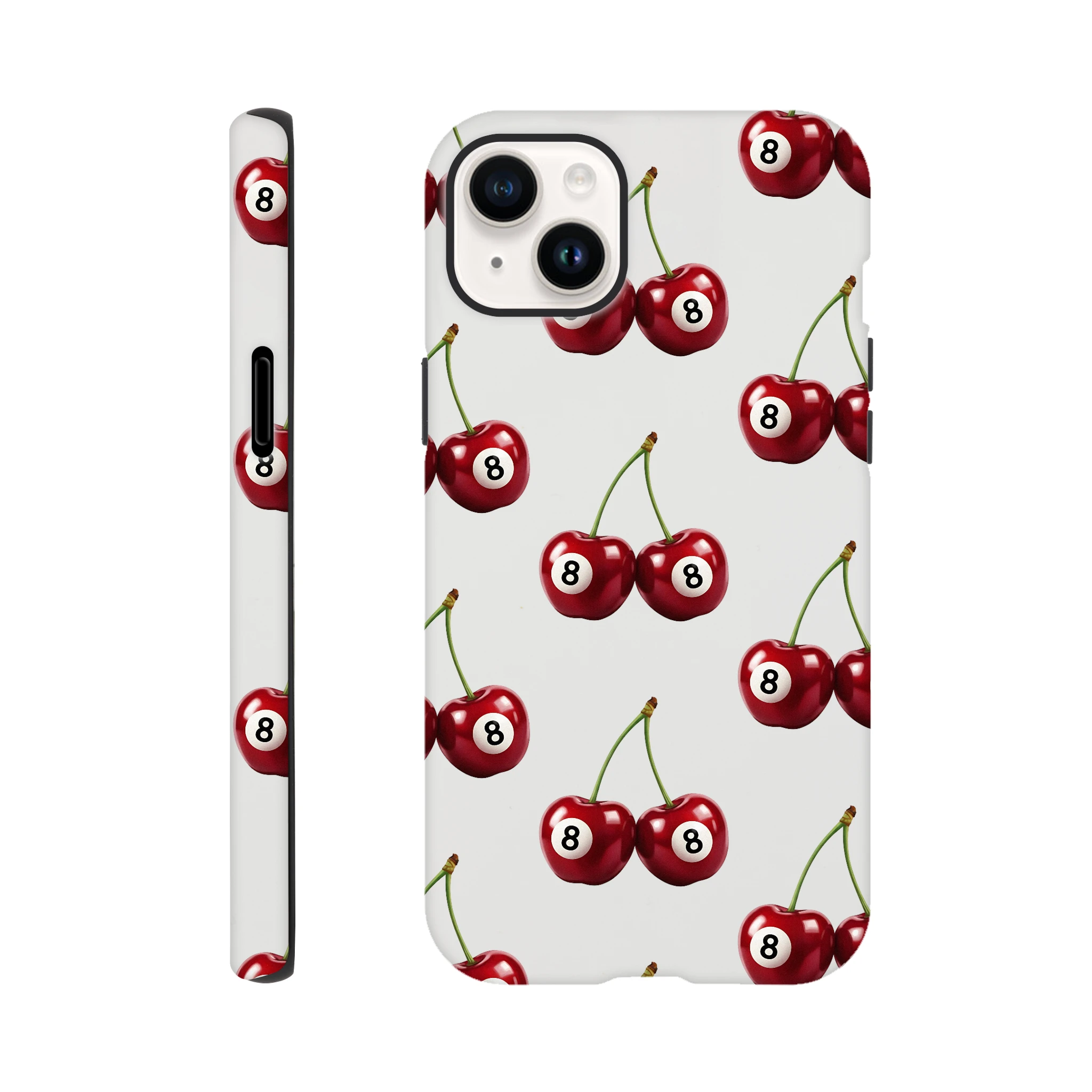 Lucky Cherries tough double-layer protective case with wraparound cherry print and glossy finish for iPhone 13-16.