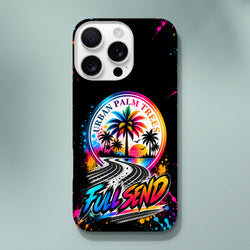 Vibrant iPhone case featuring retro "Urban Palm Trees" sunset, tire track road, and colorful "Full Send" graffiti art with paint splatters.