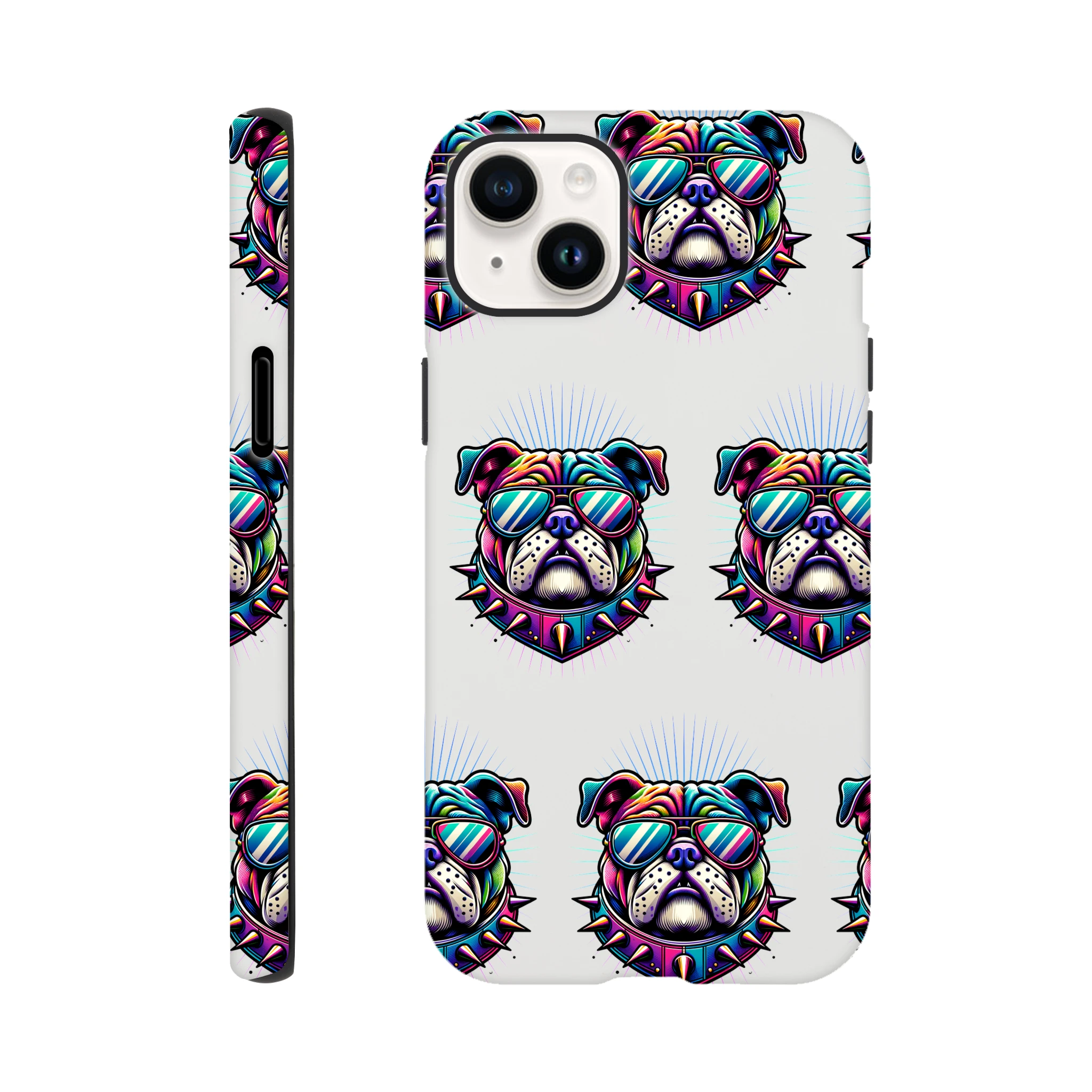 Colorful bulldog phone case with sunglasses and spiked collar, wraparound print for iPhone 16-13.