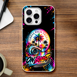 On Boost iPhone case featuring a colorful turbocharger, Urban Palm Trees graphic, and vibrant paint splatter art on a black background.