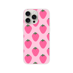 Cute pink strawberry iPhone case (13-16) with kawaii fruit aesthetic pattern.