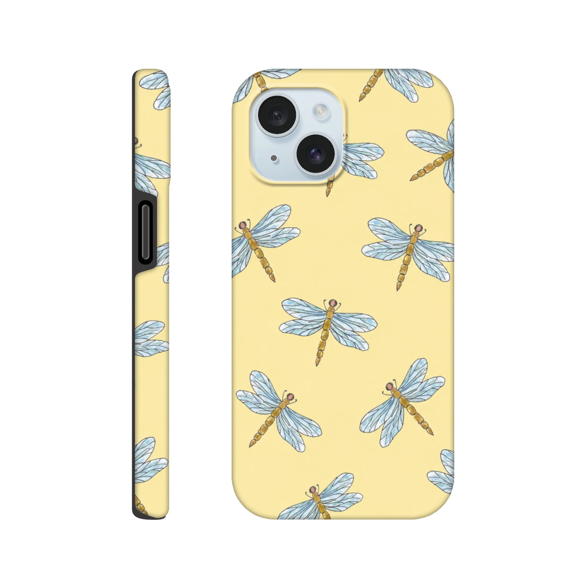 Yellow dragonfly iPhone case featuring a playful blue wings pattern on a sunny yellow background for durable device protection.
