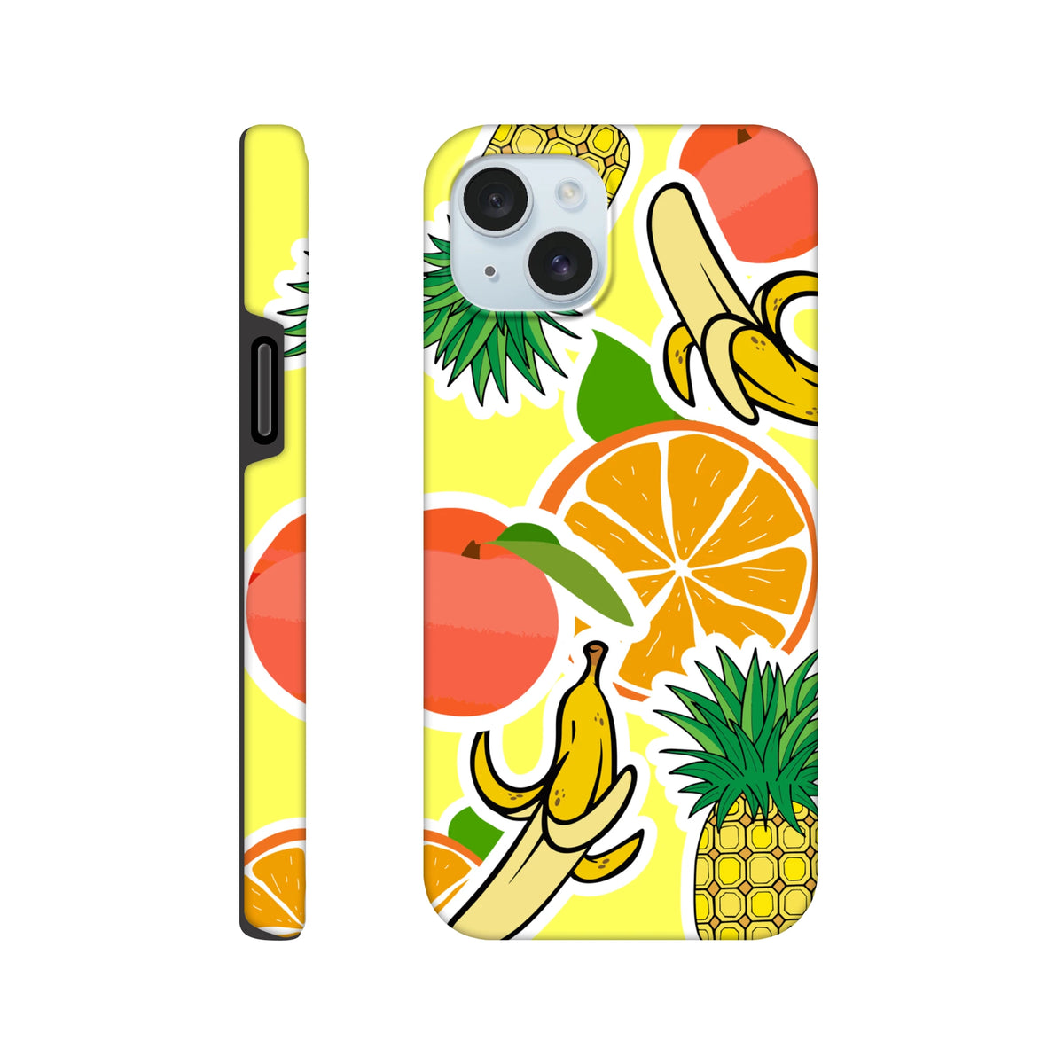 Yellow iPhone case featuring bold sticker-style graphics of oranges, bananas, and pineapples on a bright background.