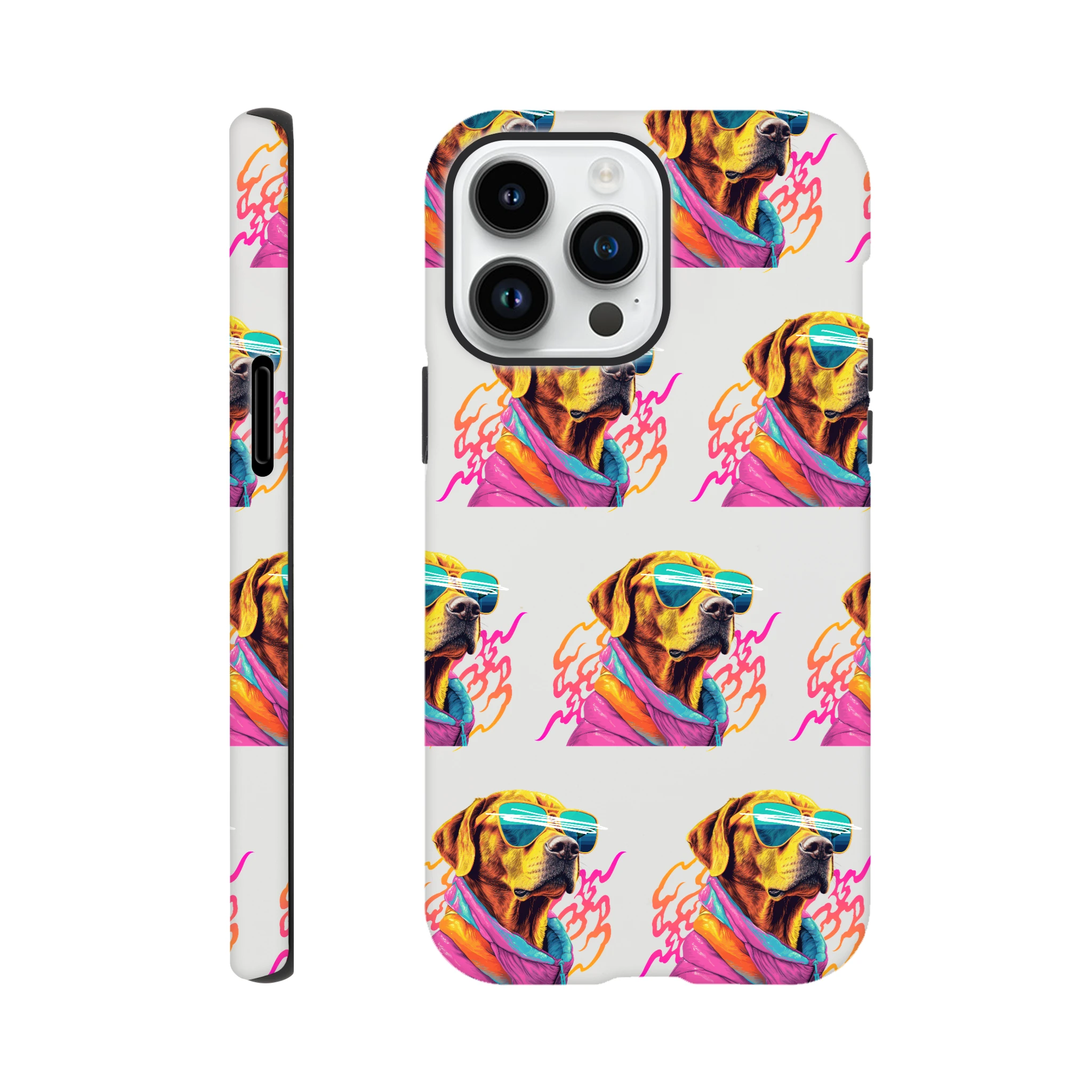 Tough protective iPhone case for 16/15/14/13 with glossy dual-layer wraparound dog wearing sunglasses print in colors.