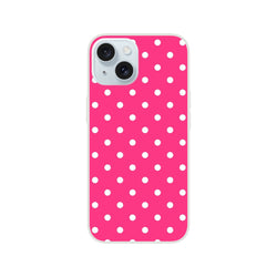 Retro hot pink iPhone case with white polka dots. Lightweight TPU phone cover for iPhone 13-16 featuring matte finish and shock-absorbing protection.