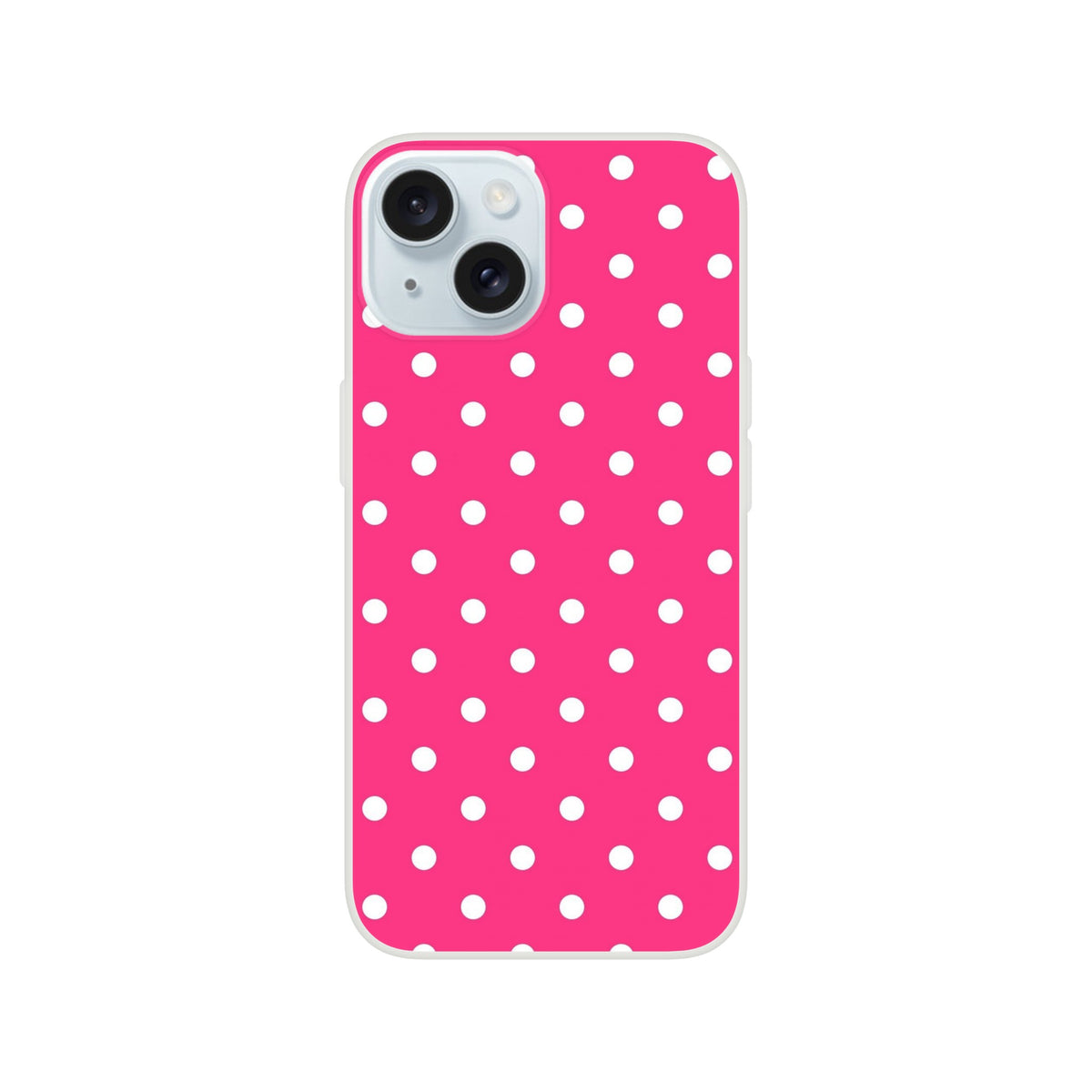 Retro hot pink iPhone case with white polka dots. Lightweight TPU phone cover for iPhone 13-16 featuring matte finish and shock-absorbing protection.