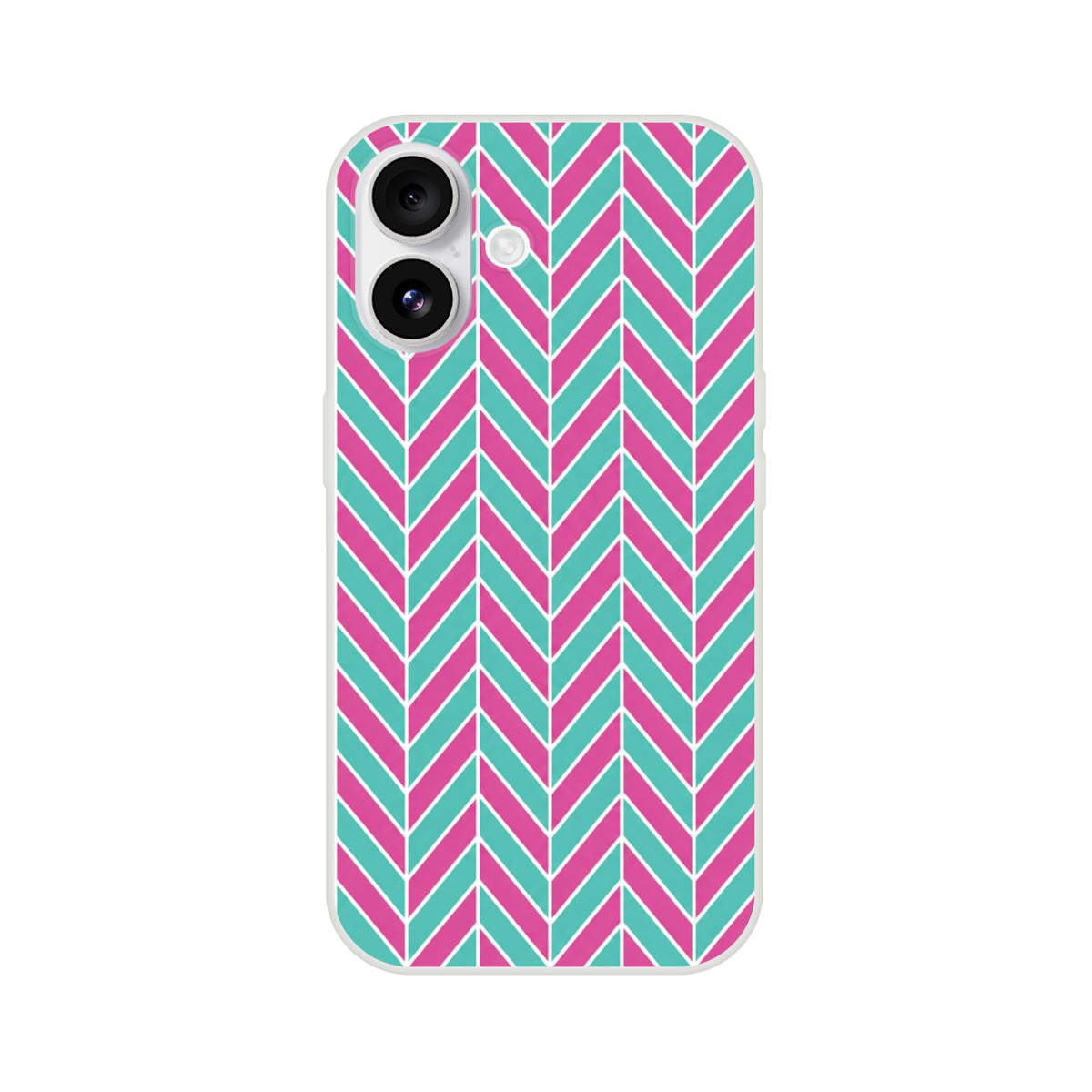 Pink and turquoise herringbone iPhone case featuring a geometric chevron pattern with a smooth matte finish for impact protection.
