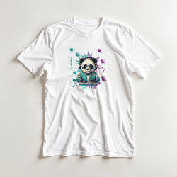 White men's t-shirt featuring a colorful graphic of a panda DJ wearing headphones and sunglasses against teal and purple splatter art.
