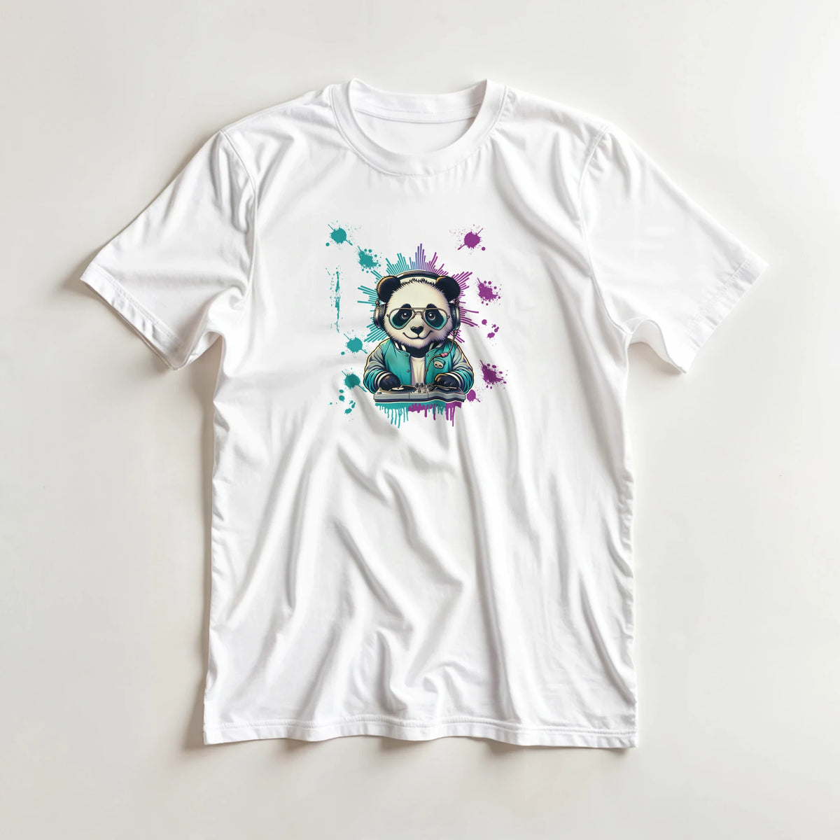 White men's t-shirt featuring a colorful graphic of a panda DJ wearing headphones and sunglasses against teal and purple splatter art.