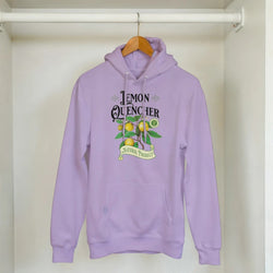 Lavender Lemon women's hoodie, cotton-blend pullover with lemon plant graphic and Natural Product banner.