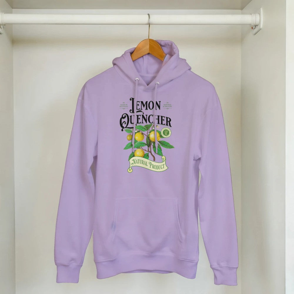Lavender Lemon women's hoodie, cotton-blend pullover with lemon plant graphic and Natural Product banner.