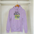 Lavender Lemon women's hoodie, cotton-blend pullover with lemon plant graphic and Natural Product banner.