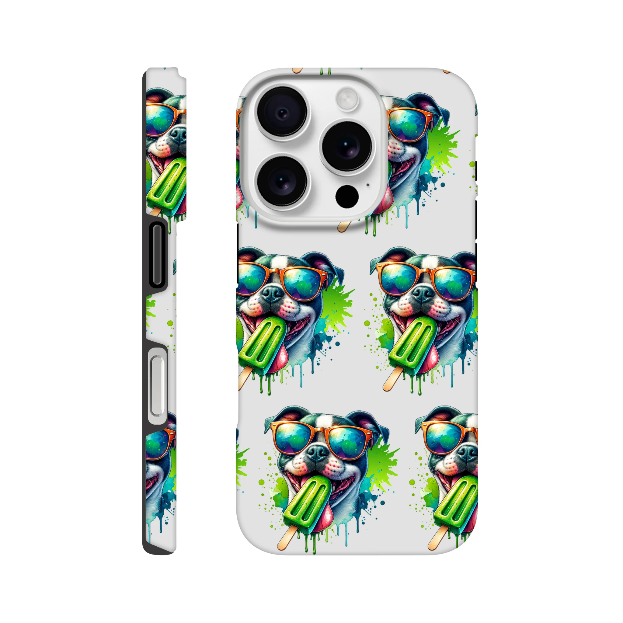 Chill Dog tough protective case for iPhone 16-13 with wraparound print of sunglasses-wearing dogs and green popsicles.