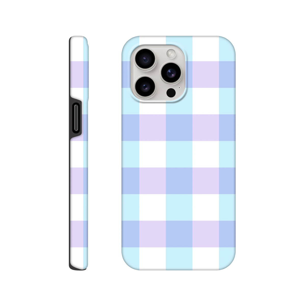Pastel blue and lavender gingham iPhone case showing front and side views. Cute checkered tough protective cover for shock absorption.