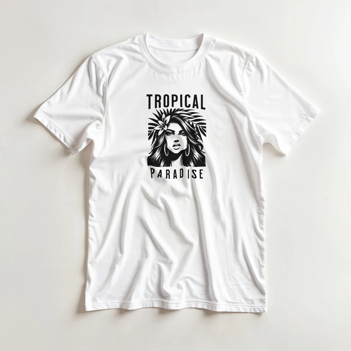 White Tropical Paradise women's graphic tee with black tropical portrait and flower, crew neck, soft cotton blend.
