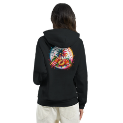 Back view of a black hoodie featuring a colorful retro graphic of peaches and a palm tree on the rear.
